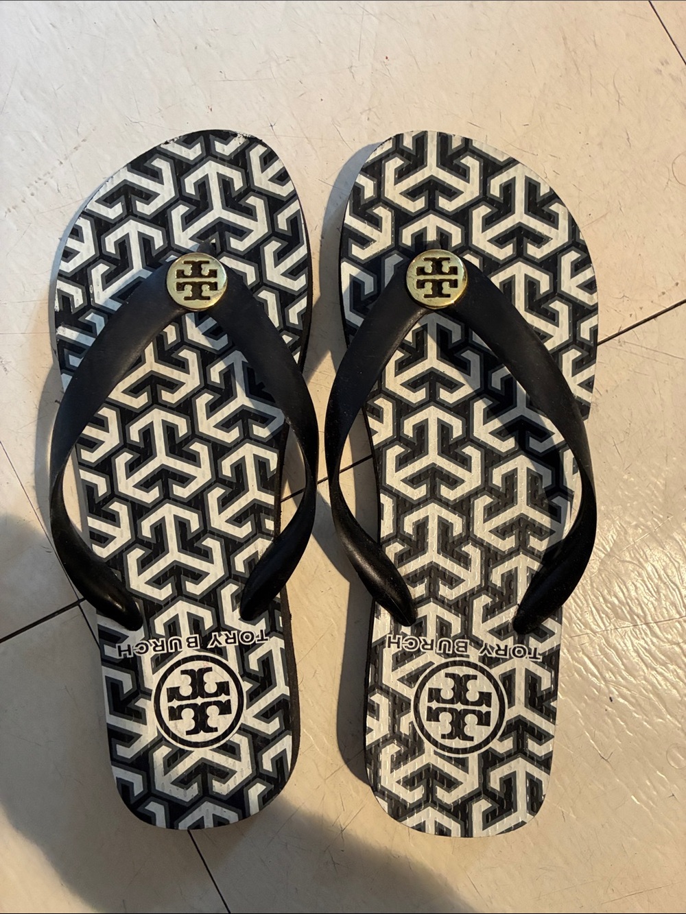 Tory Burch Black and White Logo Flip Flop Sandals